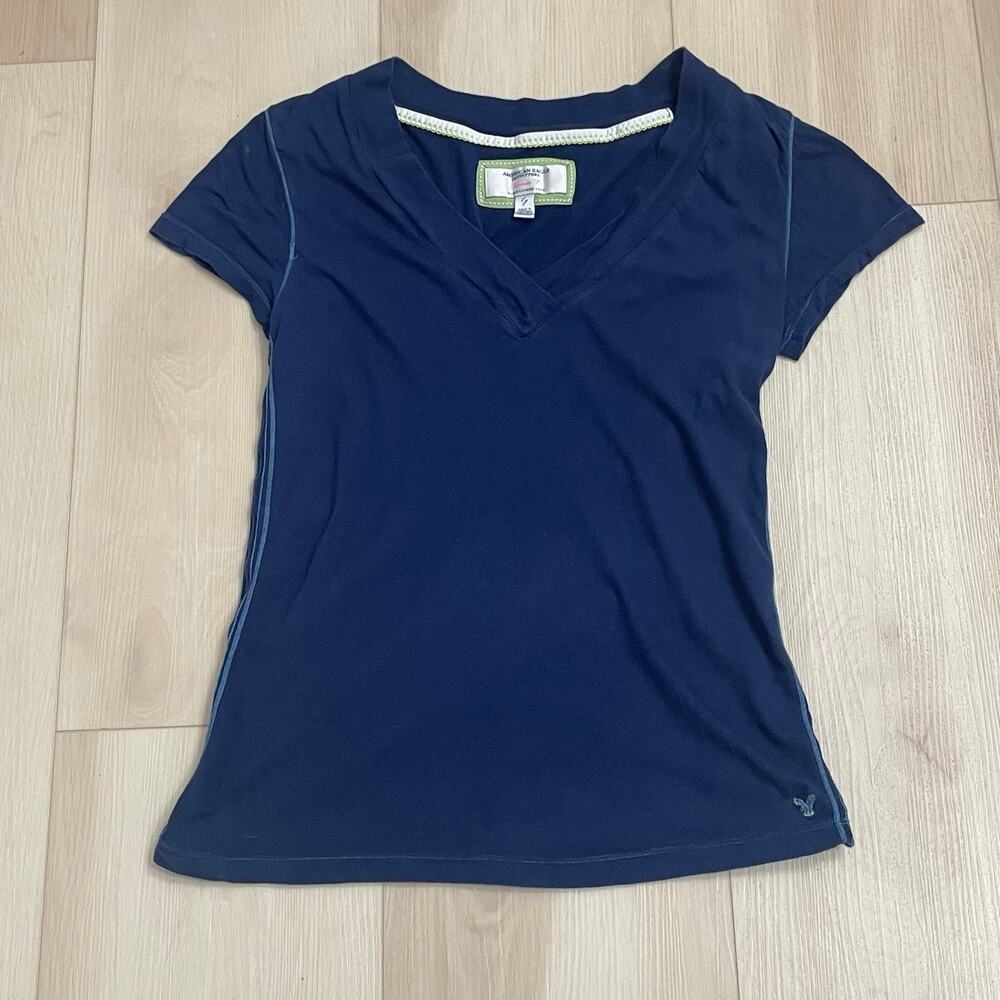 American Eagle Outfitters Y2K Navy Blue V-Neck Tee – Women’s LG Stretchy - Picture 1 of 7